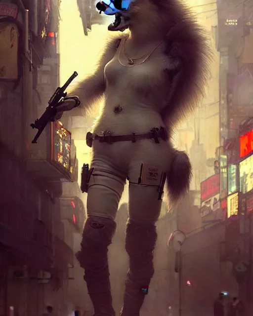 Image similar to beautiful portrait of an attractive white anthro wolf female soldier smoking a cigarette in a bustling crowd of a rainy city street, cyberpunk, wearing tactical gear, female fursona, 4 k, trending on artstation, by gaston bussiere, craig mullins, artgerm, greg rutkowski, alphonse mucha