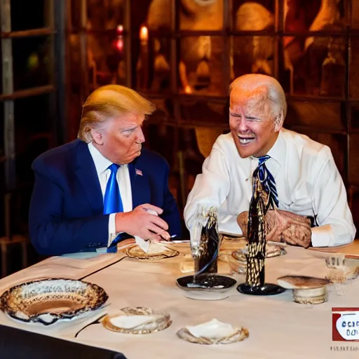 Image similar to Trump and Biden having dinner at a fancy Balinese restaurant, award winning photography, 85mm, perfect faces