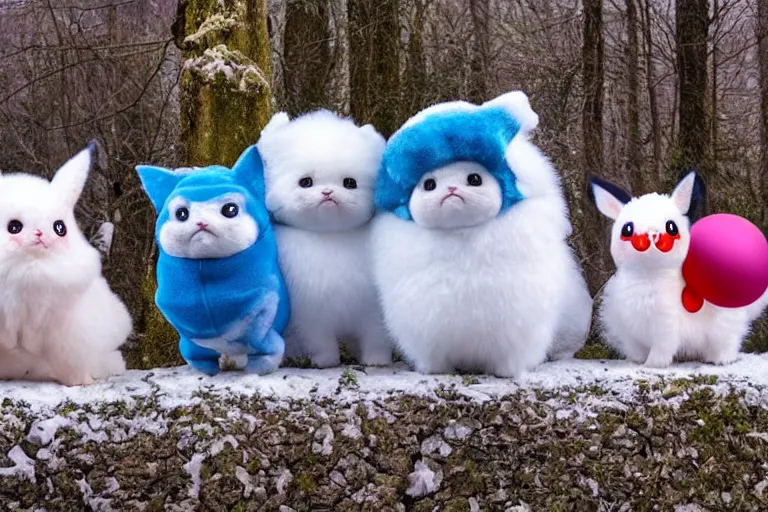 Image similar to real life pokemons, cute!!!, content!!!, mischievous!!!, adorable!!!, chubby!!!, fluffy!!!, ultra realistic!!!, winter, blanket of snow, 4 0 0 0 kelvin, golden hour, sharp focus