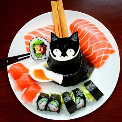 Image similar to a pile of sushi in the shape of a cat.