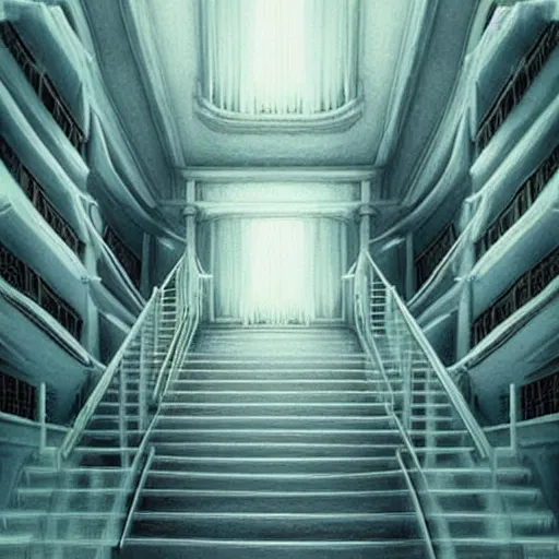 Prompt: “the inside of a huge white building with with many doors and stairs, confusing, creepy, mind bending, doors, strange dimensions, anime style, detailed background, very detailed”