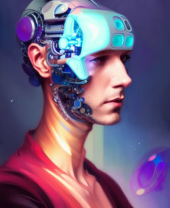 Image similar to a whirlwind inside the metaverse, guy, male, man, hologram, half body, neurochip, android, cyborg, cyberpunk face, by loish, d & d, fantasy, intricate, elegant, highly detailed, colorful, digital painting, artstation, concept art, art by artgerm and greg rutkowski and alphonse mucha