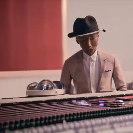 Image similar to cinematic film still of Pharrell Williams Making A Beat with an anthropomorphic alien, Japanese VFX, 2018, 400mm lens, f1.8, shallow depth of field,film photography