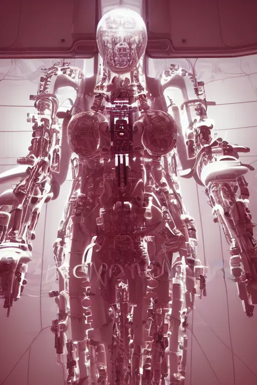 Image similar to space station interior white cross cross inflateble shapes wires tubes veins jellyfish, white biomechanical details a statue jesus on cross made of red marble hands nailed to a cross perfect symmetrical body full body shot, wearing epic bionic cyborg implants masterpiece, intricate biopunk vogue highly detailed, artstation concept art cyberpunk octane render