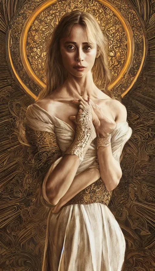 Image similar to emanuelle beart, traditional clothing, fame of thrones, fibonacci, sweat drops, intricate fashion clothing, insane, intricate, highly detailed, surrealistic, digital painting, artstation, concept art, smooth, sharp focus, illustration, unreal engine 5, 8 k, art by artgerm and greg rutkowski and alphonse mucha