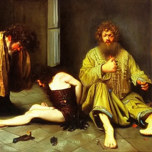 Image similar to curly haired australian greaving the loss of his toe nail in the style of ivan the terrible and his son ivan on 1 6 november 1 5 8 1 a painting by russian realist artist ilya repin