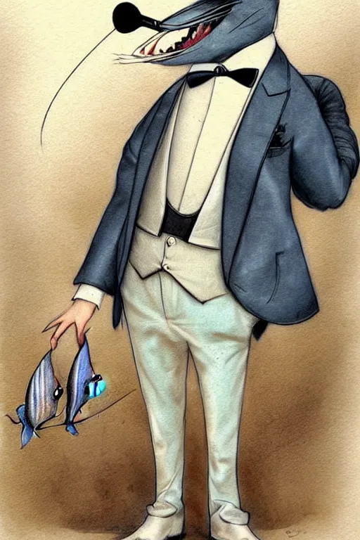 Image similar to cartoon fish in tuxedo. muted colors. by jean - baptiste monge!!!!!!!!!!!!!!!!!!!!!!!!!!!