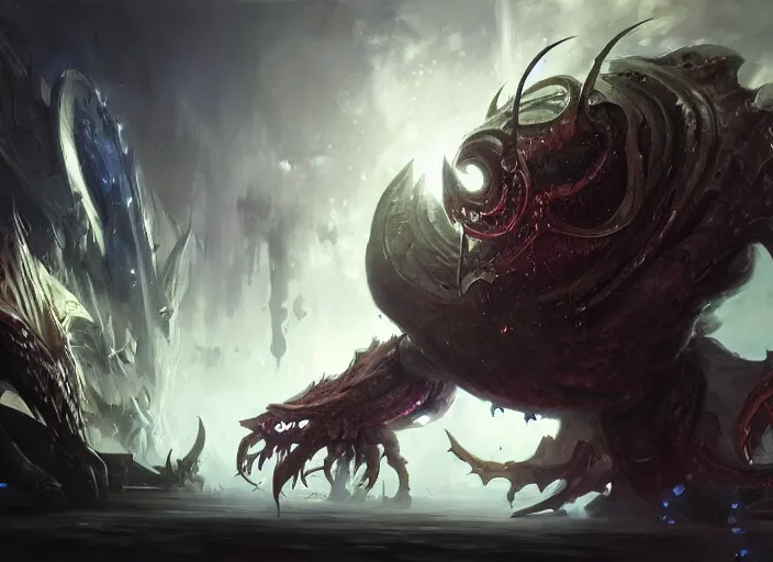 Image similar to artwork of cho'gath by denning guy, amano yoshitaka, berkey john, bowater charlie, greg rutkowski