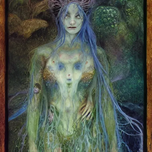 Image similar to rusalka of the blighted swamp, by brian froud, cold colors, oil on canvas