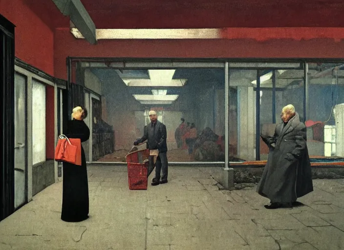 Prompt: people with oxygen tanks at decaying grocery store in the style of Magritte, Edward Hopper and James Gilleard, Zdzislaw Beksinski, open ceiling, highly detailed, painted by Francis Bacon, Surreal, Norman Rockwell, Greg Hildebrandt, and Mark Brooks, triadic color scheme, By Greg Rutkowski, in the style of Francis Bacon and Syd Mead and Edward Hopper and Norman Rockwell and Beksinski, open ceiling, highly detailed, painted by Francis Bacon, painted by James Gilleard, surrealism, airbrush