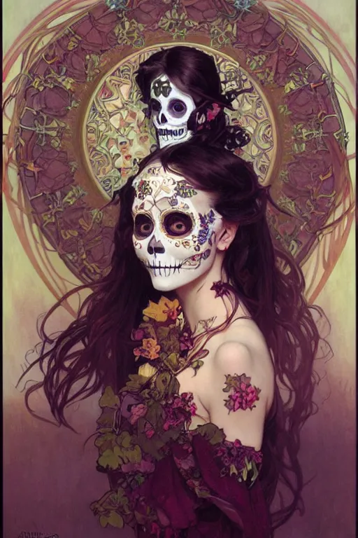 Prompt: realistic detailed painting of a cute Día de los Muertos girl by Alphonse Mucha Ayami Kojima Amano Charlie Bowater, masterpiece
