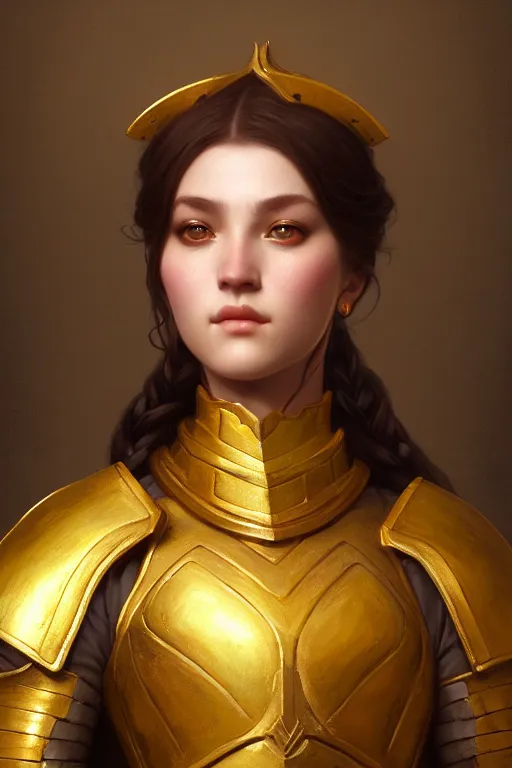 Image similar to a portrait of a warrior with golden armor, illustration, soft lighting, soft details, painting oil on canvas by Edmund Blair Leighton and Charlie Bowater octane render trending on artstation d&d characters, 4k, 8k, HD