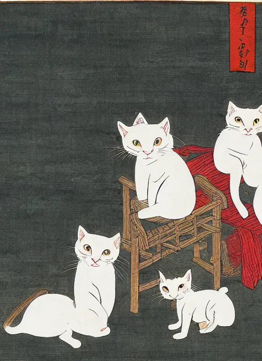 Image similar to whitecat with 2 baby white cats of utagawa hiroshige, digital painting 4 k uhd image, highly detailed