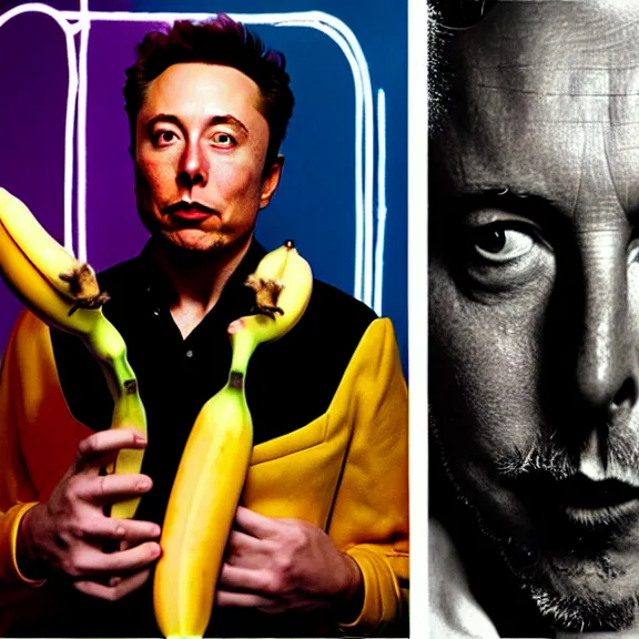 Image similar to hyperrealism aesthetic ridley scott and denis villeneuve and gaspar noe style colour surreal photography of a detailed hyperrealism surreal elon musk is a banana posing for esquire magazine hyperrealism scene from detailed hyperrealism surreal movie in styale of alejandro jodorowsky and wes anderson hyperrealism photo by araki nobuyoshi volumetric bright studio cyberpunk light