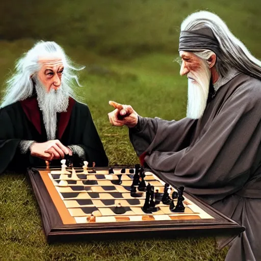 Prompt: Dracula and Gandalf play chess, award winning photo