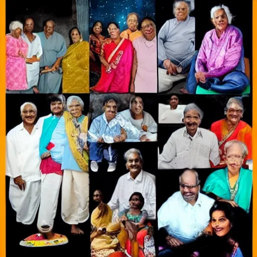 Prompt: south indian grandmothers and grandfathers having a pyjama party in space