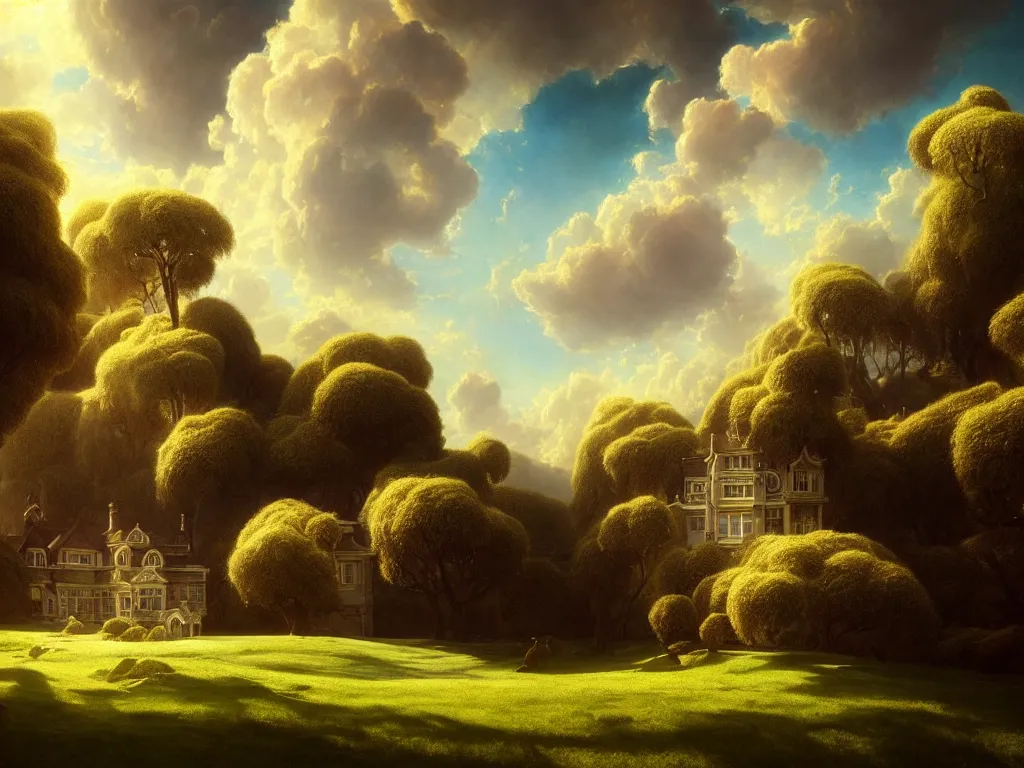 Image similar to beautiful landscape, gorgeous victorian mansion, sunny sky with fluffy clouds, iredescent soft glow bloom effect, dream - like, baroque portrait painting, perfect composition, beautiful detailed, intricate detailed octane render, unreal engine 5, trending on artstation, 8 k, chiaroscuro, masterpiece, raphael, caravaggio, beksinski, ghibli