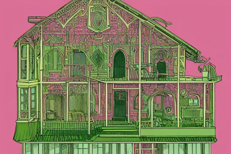 Image similar to a pink and green illustration of a cross section of a house, a storybook illustration by muti and tim biskup, featured on dribble, arts and crafts movement, behance hd, storybook illustration, dynamic composition