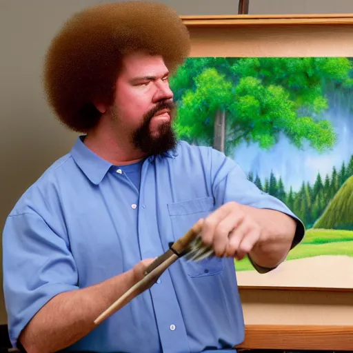 Image similar to a closeup photorealistic photograph of bob ross painting an image of kenny powers pitching a baseball on a canvas. mountains and trees. film still. brightly lit scene. this 4 k hd image is trending on artstation, featured on behance, well - rendered, extra crisp, features intricate detail, epic composition and the style of unreal engine.