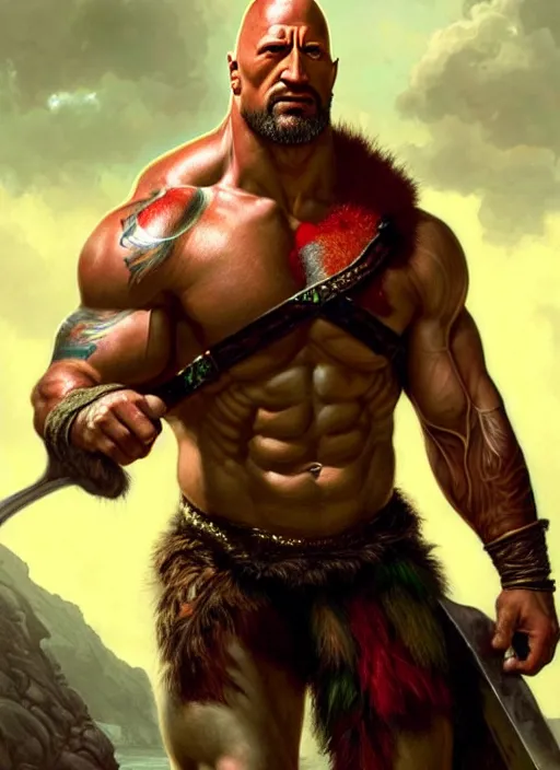 Image similar to ! dream portrait of aggressive dwayne johnson as kratos, d & d, muscular! green, fantasy, intricate, elegant, highly detailed, digital painting, artstation, concept art, smooth, sharp focus, illustration, art by artgerm and greg rutkowski and alphonse mucha