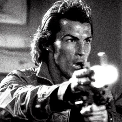 Image similar to movie still of cristiano ronaldo with a flamethrower in the thing (1982), john carpenter, cinematic,