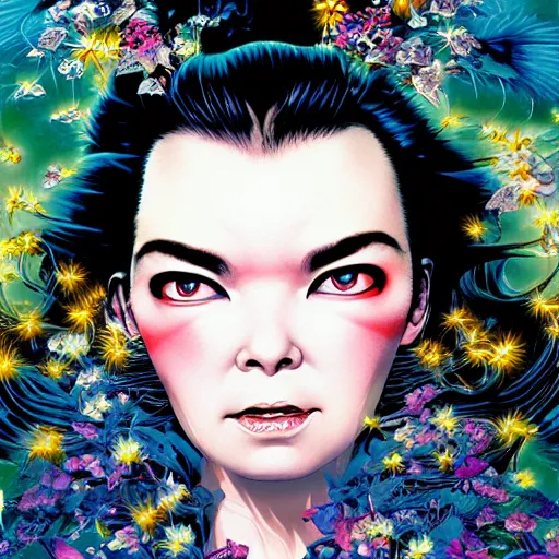 Image similar to portrait of crazy beautiful singer bjork, ymmetrical, by yoichi hatakenaka, masamune shirow, josan gonzales and dan mumford, ayami kojima, takato yamamoto, barclay shaw, karol bak, yukito kishiro