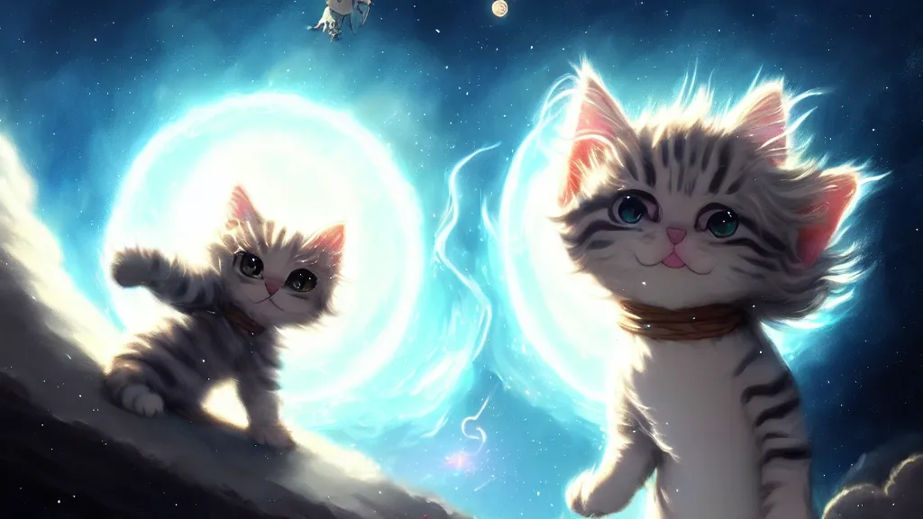 Image similar to a single cartoonish kitten dressed as Gandalf floating in space, bright stars, anime, a fantasy digital painting by Greg Rutkowski and James Gurney, trending on Artstation, highly detailed