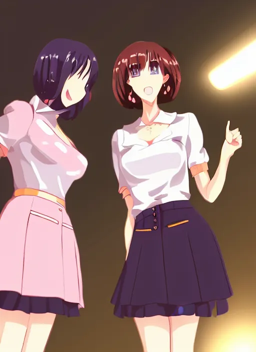 Image similar to two beautiful mothers taunting each other, office clothes, skirt, gorgeous faces, smooth, cinematic lighting, detailed anime art