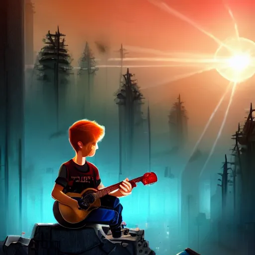 Prompt: a little cyborg boy with a guitar sits on a skyscraper in cybernetic city, in the background forest and a bright sunrise, side view from afar, toxic rays of the sun, dramatic light and shadows, d & d, fantasy, digital painting, landscape, concept art, sharp focus