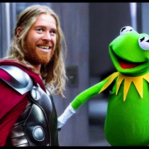 Image similar to photo of Kermit the frog as thor in averngers movie