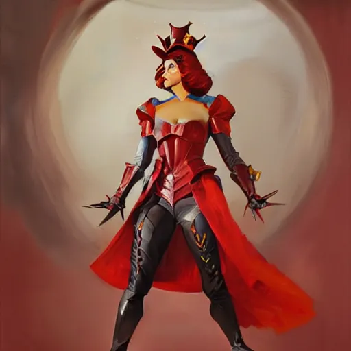 Prompt: greg manchess portrait painting of partially armored red queen from alice in wonderland as overwatch character, medium shot, asymmetrical, profile picture, organic painting, sunny day, matte painting, bold shapes, hard edges, street art, trending on artstation, by huang guangjian, gil elvgren, ruan jia, randy vargas, greg rutkowski