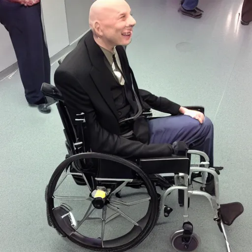 Prompt: professor x flying in a wheel chair