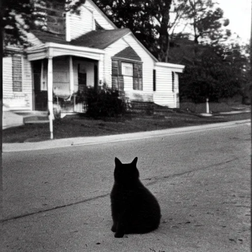 Image similar to a fluffy cat sitting on the corner of a front yard on a residential street in the 1930s