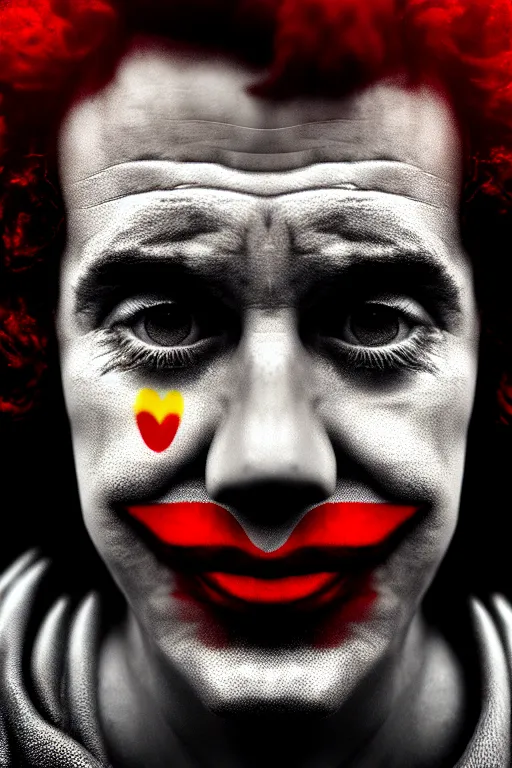 Image similar to DALL·E 2022-07-29 10.19.10 - dramatic portrait of ronald mcdonald in the style of lee jeffries, synthwave digital art, best on artstation