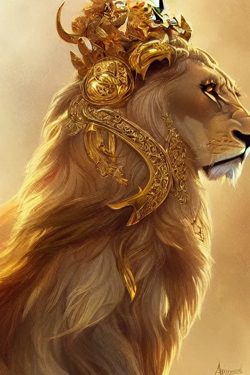 Prompt: a beautiful lion, gold jewellery, dnd, fantasy, intricate, elegant, highly detailed, digital painting, artstation, concept art, smooth, sharp focus, illustration, art by artgerm and greg rutkowski and alphonse mucha