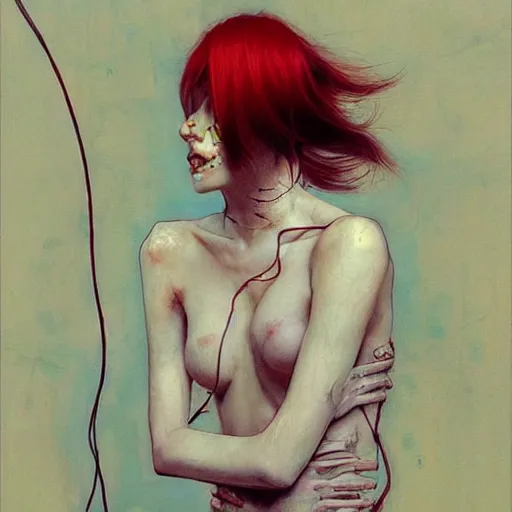 Image similar to beautiful redhead woman, cyberpunk dreams!, wires cybernetic implants!!, in the style of adrian ghenie, esao andrews, jenny saville, surrealism, dark art by james jean, takato yamamoto