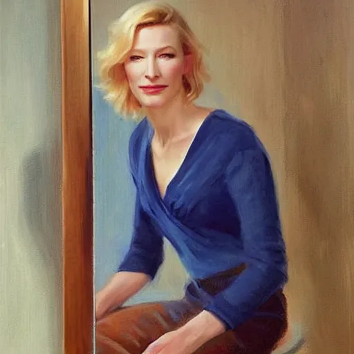 Image similar to cate blanchett in low-cut blouse in front of a mirror, painting by Vladimir Volegov