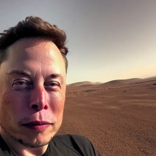 Image similar to Elon musk selfie with background futuristic house on mars