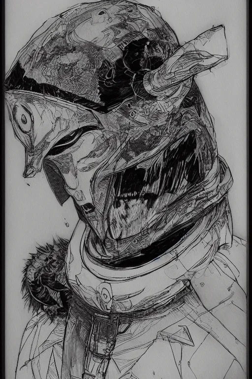 Prompt: portrait of a man in kitsune demon fox mask and black suit wearing astronaut helmet, pen and ink, intricate line drawings, by craig mullins, ruan jia, kentaro miura, greg rutkowski