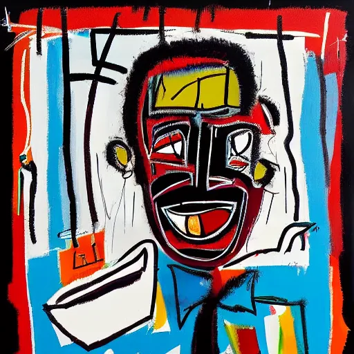 Prompt: It's morning. Sunlight is pouring through the window bathing the face of a joyous man enjoying a hot cup of coffee. A new day has dawned bringing with it new hopes and aspirations. Painted in the style of Basquiat, 1984