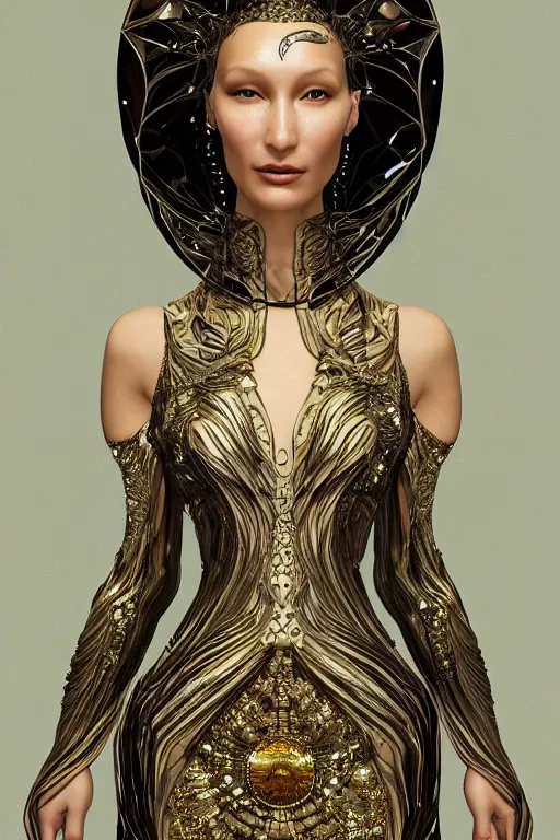 Prompt: a portrait of a beautiful ancient alien woman goddess bella hadid standing in iris van herpen dress in diamonds and fractals in style of alphonse mucha art nuvo dmt trending on artstation made in unreal engine 4