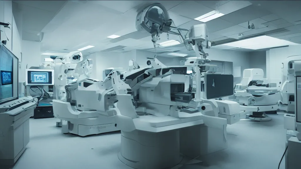 Prompt: an mri image machine and control panels in the inspection room, film still from the movie directed by denis villeneuve with art direction by salvador dali, wide lens