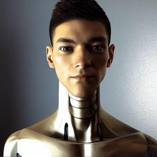 Image similar to “a realistic detailed photo of a guy who is an attractive humanoid who is half robot and half humanoid, who is a male android, Andres Lee, shiny skin, posing like a statue, blank stare”