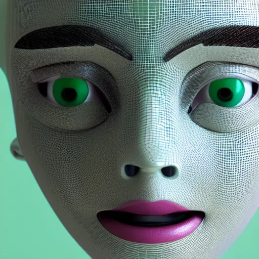 Prompt: 3 d render portrait of a female porcelain robot, symmetrical, mid thirties, cute round green slanted eyes, porcelain skin, wide nostrils, chubby cheeks, high flat eyebrows, ethereal essence, angelic, tiny mouth, leica 1 0 0 mm f 0. 8