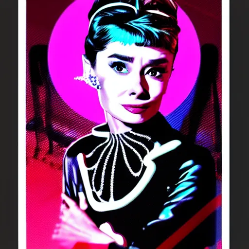 Image similar to audrey hepburn cyberpunked, synthwave poster, glitch art background,