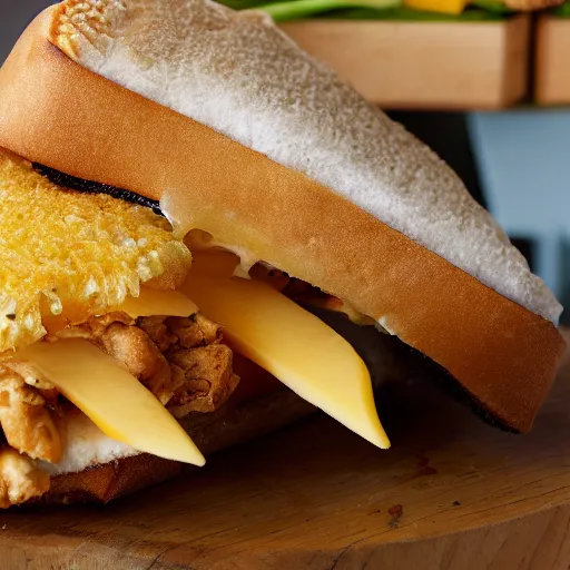 Prompt: fried chicken and cheese sandwich