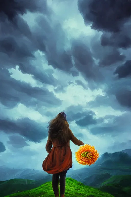 Image similar to closeup perspective, giant dahlia flower over the head, girl standing on mountain, surreal photography, blue storm clouds, dramatic light, impressionist painting, digital painting, artstation, simon stalenhag