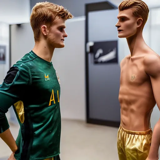 Image similar to a realistic detailed photo of a guy who is an attractive humanoid who is half robot and half humanoid, who is a male android, soccer players martin ødegaard & timo werner, shiny skin, posing like a statue, blank stare, in a factory, on display, showing off his muscles, gold soccer shorts, side view, looking at each other mindlessly