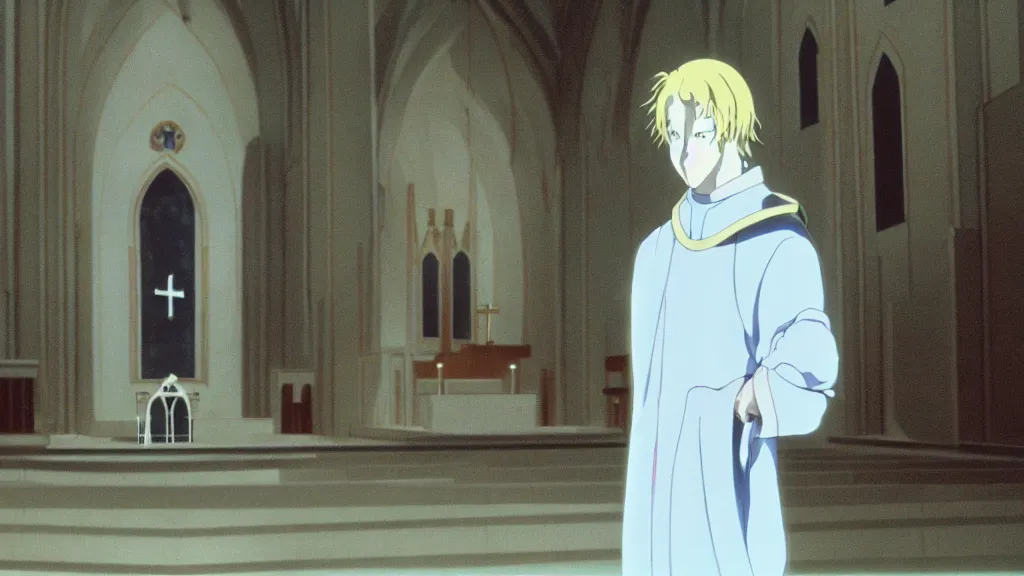 Image similar to a man wearing priest clothes and a white rabbit mask standing in a white marble church, anime film still from the an anime directed by Katsuhiro Otomo with art direction by Salvador Dalí, wide lens