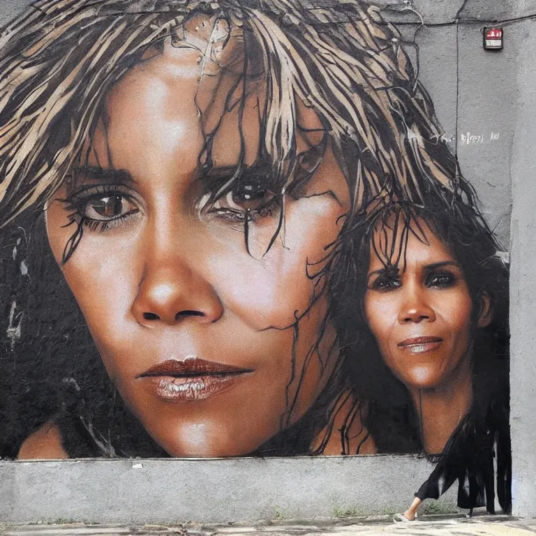 Image similar to Street-art portrait of Halle Maria Berry in style of Banksy, photorealism